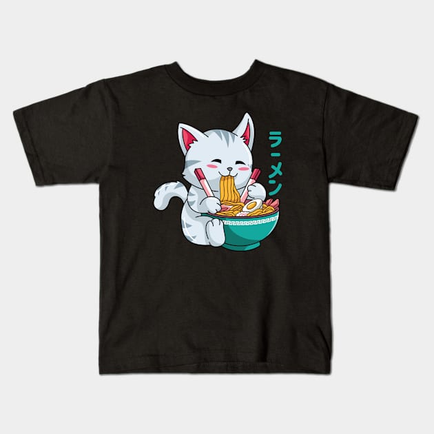 Kawaii Cat Eating Ramen Noodles Kids T-Shirt by spacedowl